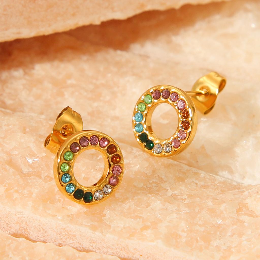 Round Stainless Steel Colorful Diamond Stud Earrings for Women, Light Luxury Versatile Titanium Steel Earrings, Fade-resistant