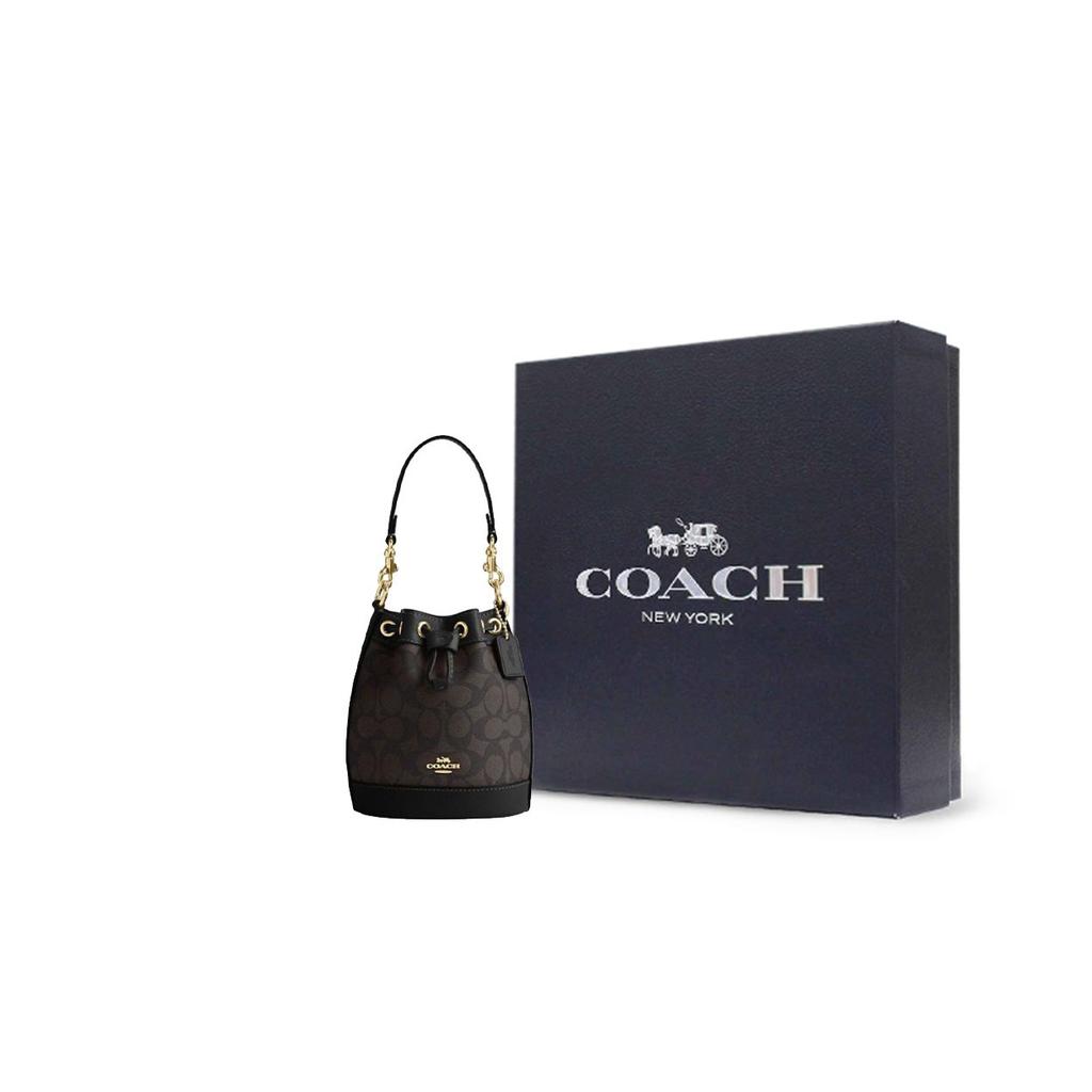 Coach Dempsey 14 Logo Kordelzugverschluss PVC und Leder Beuteltasche Damen Taschen Dunkelbraun CW299-IMXAQ