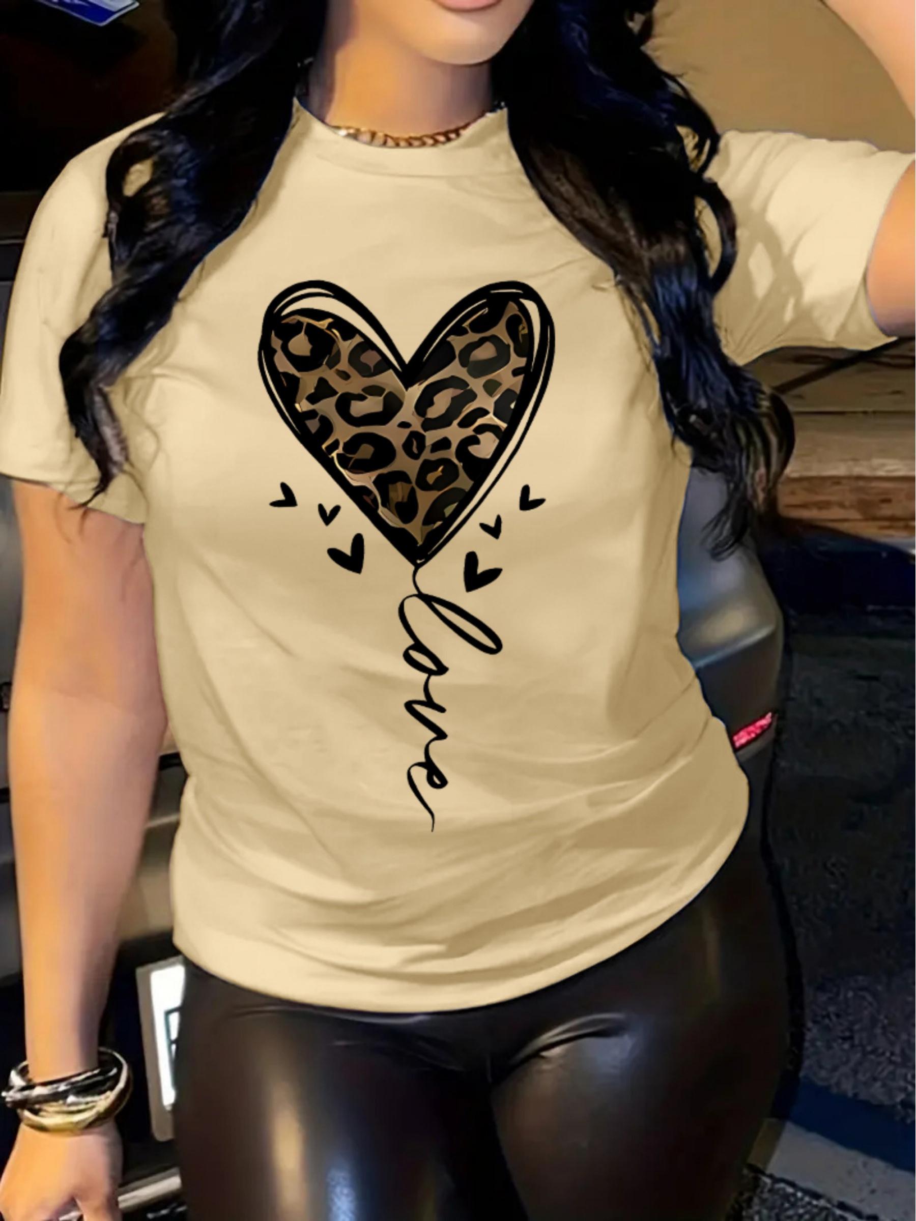

Women s Casual Short-Sleeve T-Shirt - Leopard Print Heart & Letter Design, Soft Crew Neck Top XL