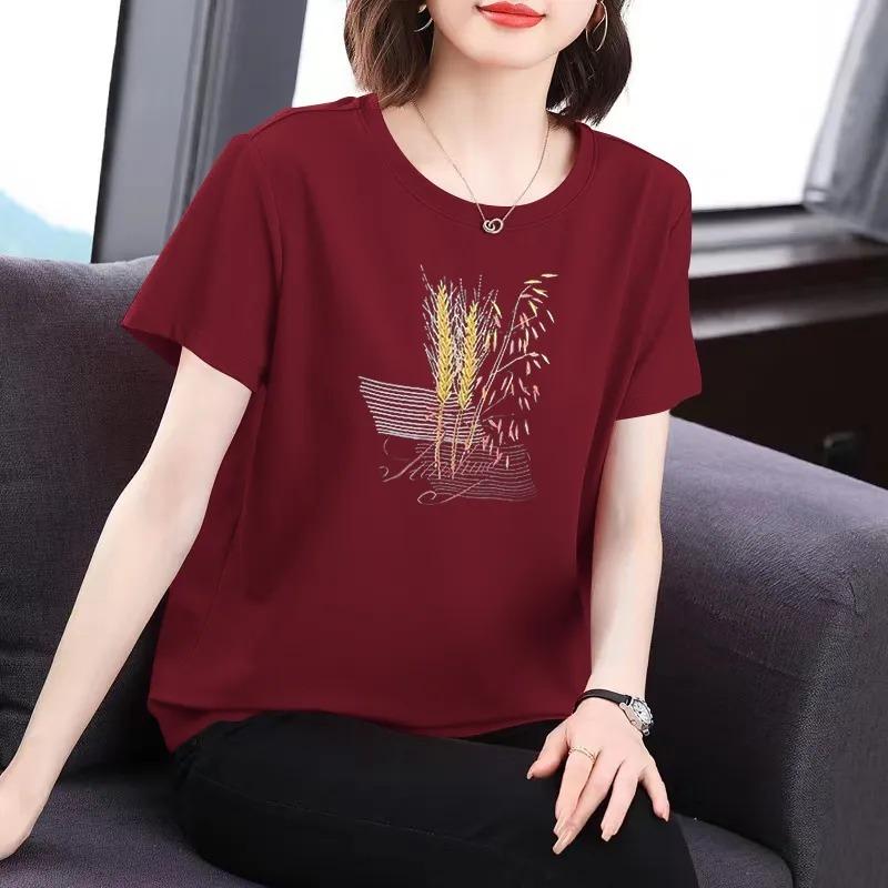 Women's Summer Black Wheat Embroidery Crew Neck Short Sleeve T Shirt