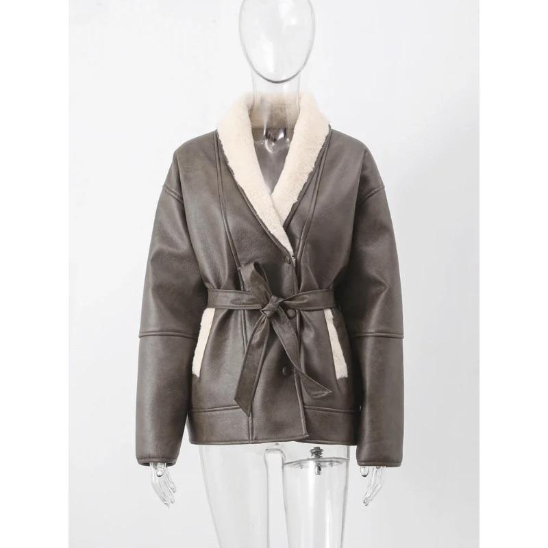 Zimní tlusté plyšové kožené bundy dámské kancelářské jednoradové s klopami nadměrný kabát dámský s dlouhým rukávem svrchní oděv topy