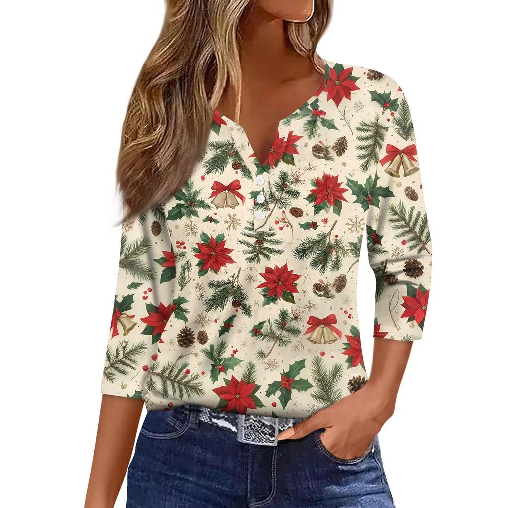 Women's T Shirt Christmas Print Button 3/4 Sleeve Daily Weekend Fashion Basic V- Neck Regular Top