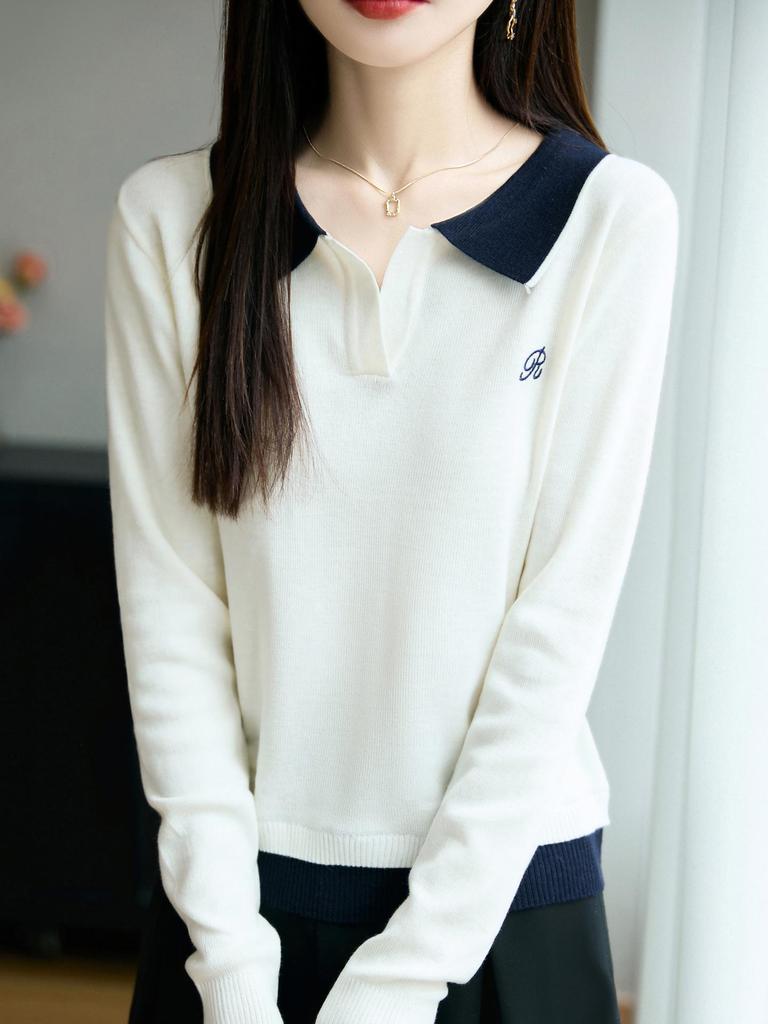 Autumn Colorblock POLO Collar Sweater: Women's Pullover Knitwear for Fall/Winter