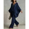 Women's new loose V-neck top high waist wide legs casual vacation style solid color suit