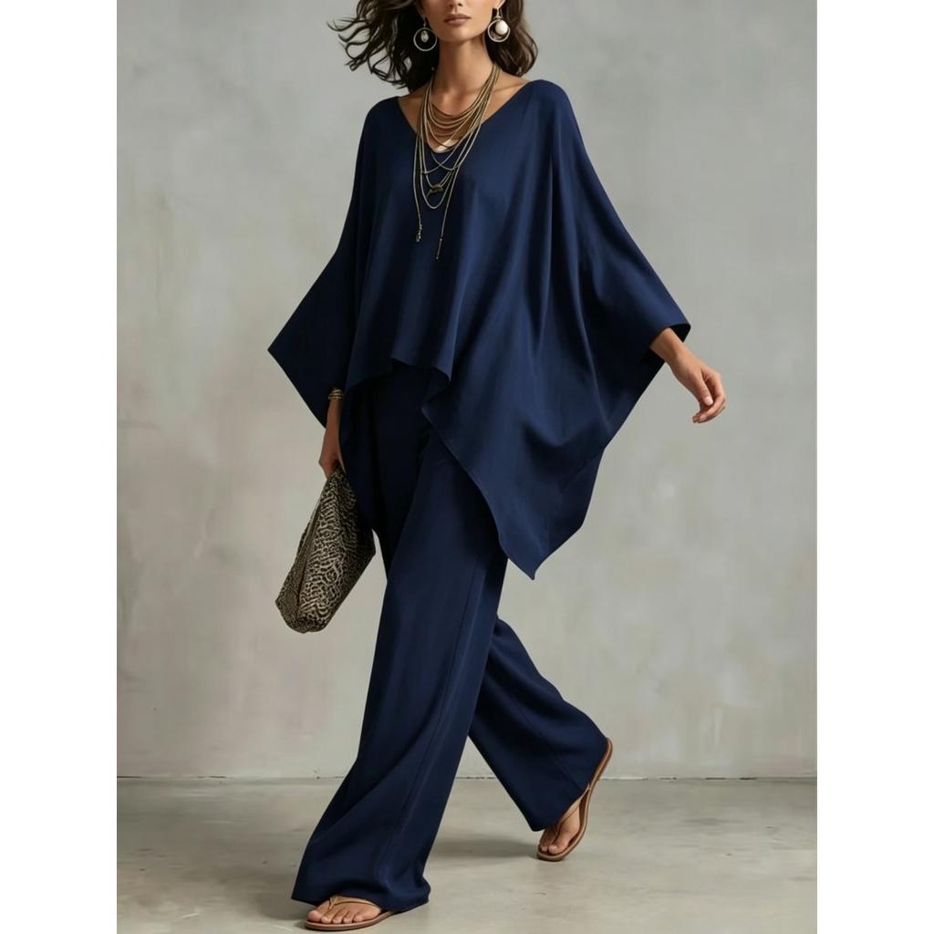 Women's new loose V-neck top high waist wide legs casual vacation style solid color suit