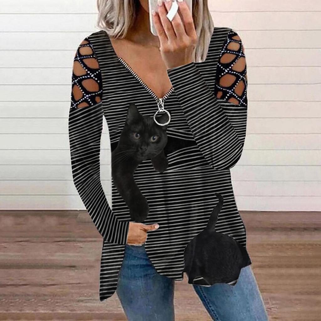 2021 European & American Autumn/Winter V-neck Long-sleeve Loose T-shirt with Hot Drilled Hollow Design