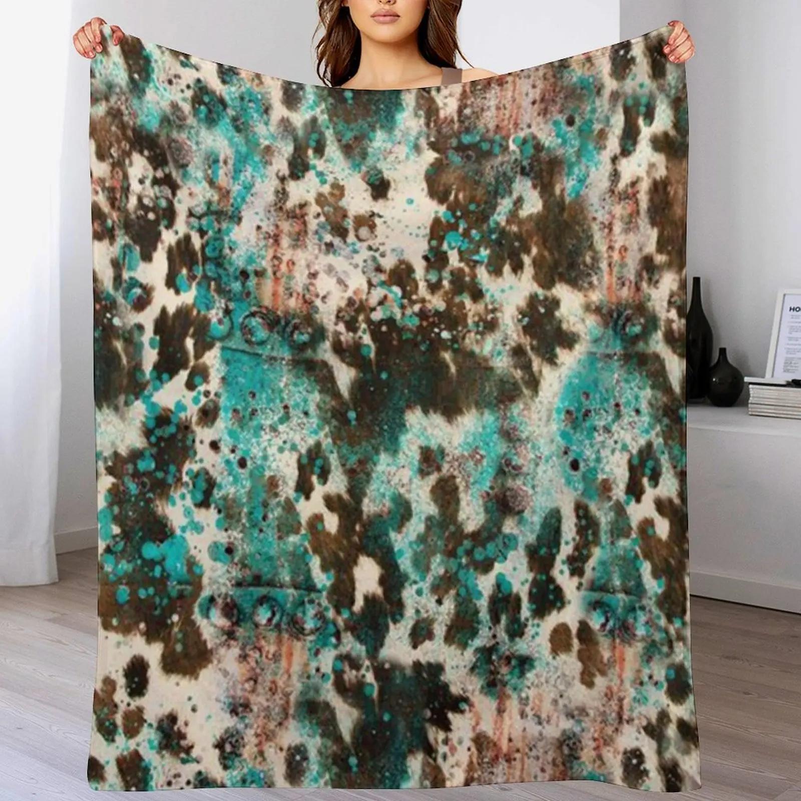 

Western Boho Cowhide Turquoise Pattern Throw Blanket Cozy Warm Blanket for Bed Room Decor 102x76cm(40x30in)