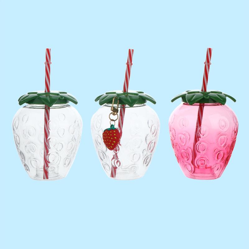 Portable Strawberry Shaped Water Bottle with Straw Cute Plastic Cup for Everyday Use