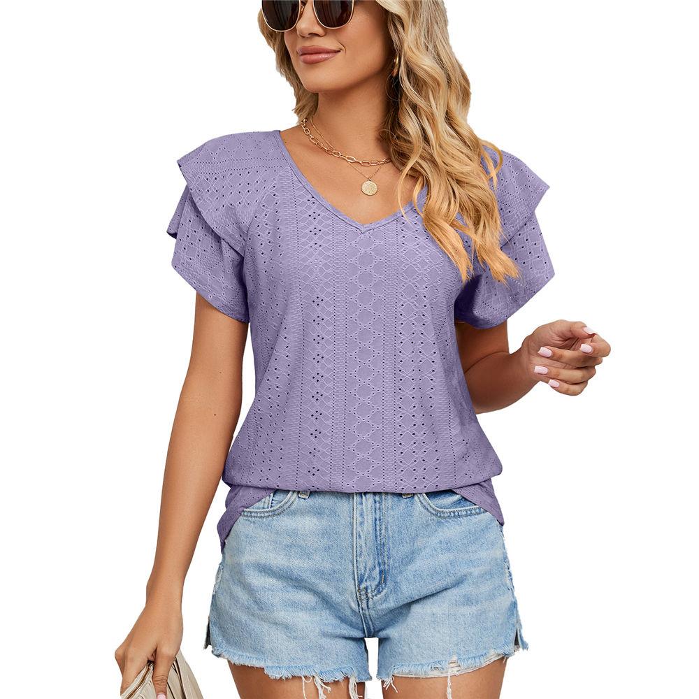 Womens Summer Eyelet Tops V Neck Double Ruffle Sleeve Casual Blouse Shirts Loose Fit Tops
