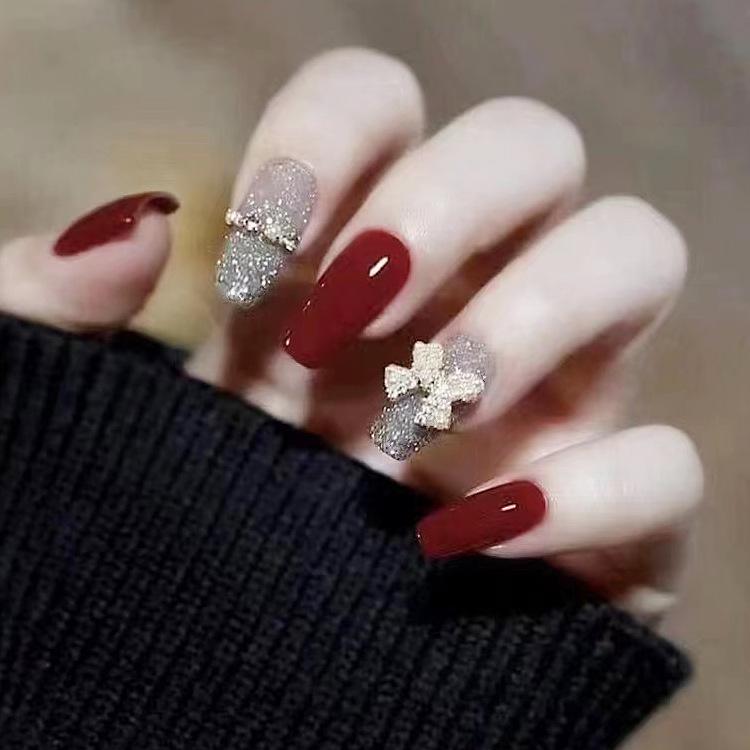 

B580 Removable Wearable Manicure: Medium-Long Bow Chain Fake Nails for Autumn-Winter Urban Lady [Glue Version]