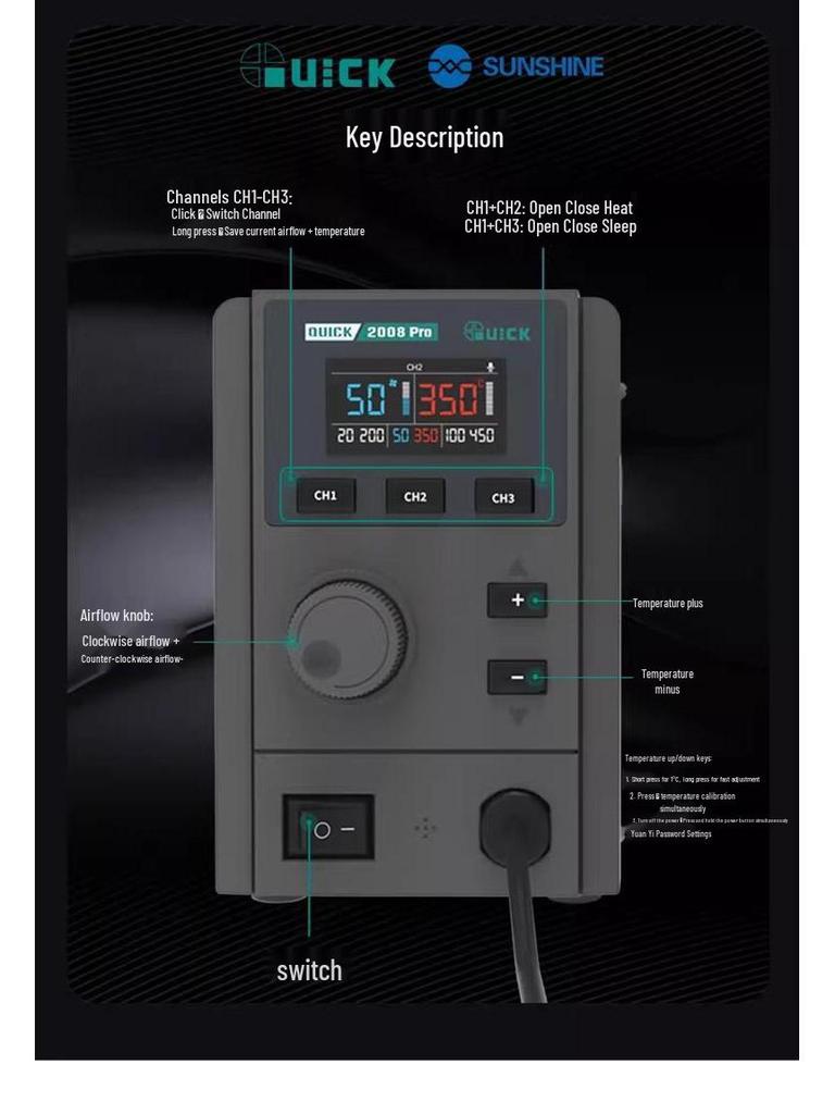 Quick 2008Pro Mobile Phone Repair High-Temp Hot Air Gun Soldering Station, Industrial Grade with Adjustable Rotating Wind.