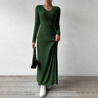 Women's Fall Sweater Dress Long Sleeve V Neck Ribbed Knit Maxi Dress Tunic Winter A Line Long Swing Dress