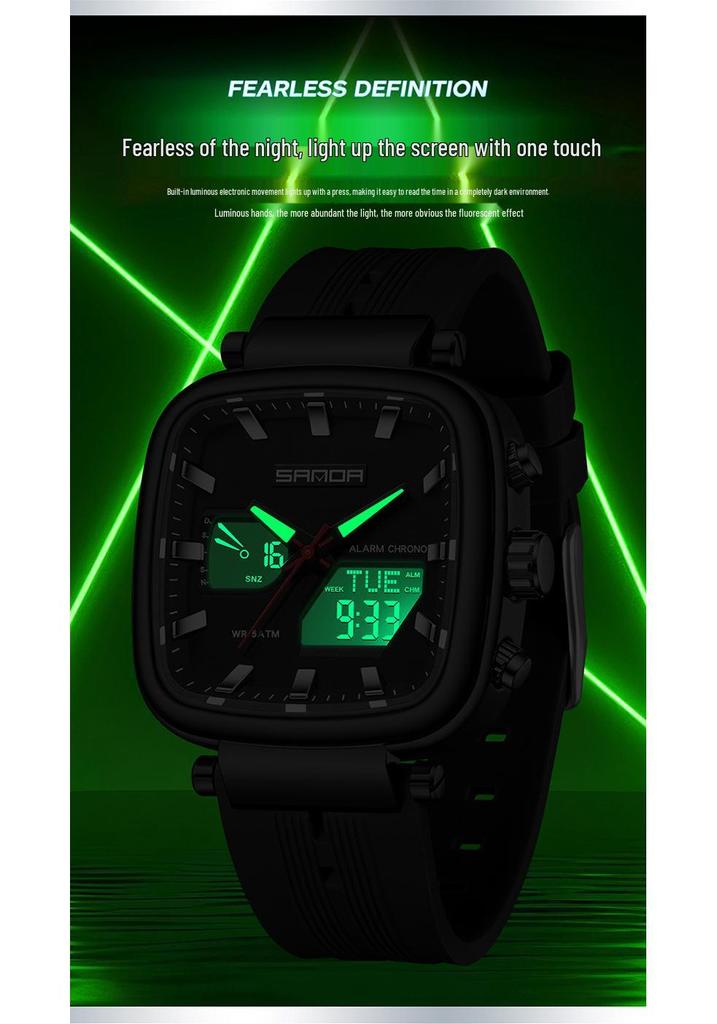 Sanda Unisex Trendy Square Watch: Multifunctional, Waterproof, Dual Display, Sports/Calendar Features, Casual Men's Electronic Wristwatch.