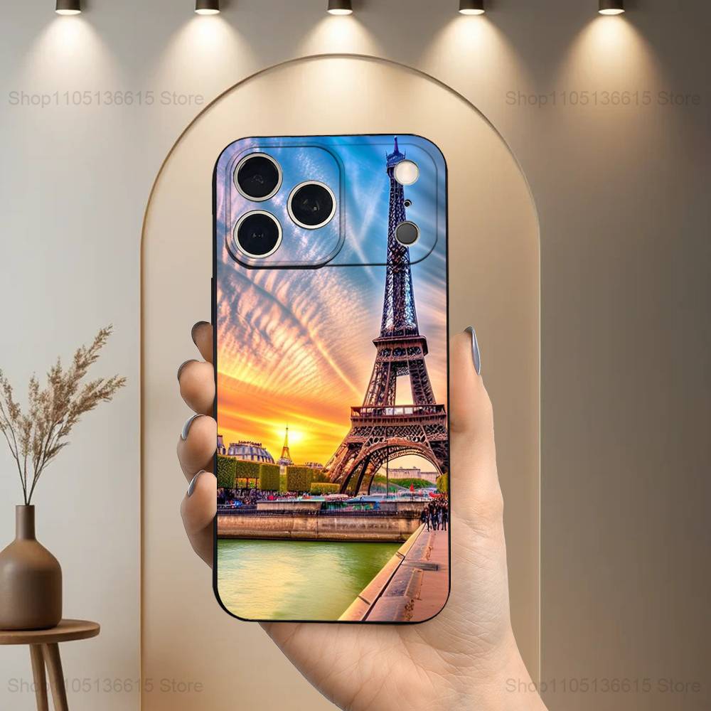 Eiffel Tower landscape For iPhone 13,17,11,12,16,14,15,Plus,Pro Max,XS,X,XR,SE,Mini,8,7,Soft Silicone Black Phone Case