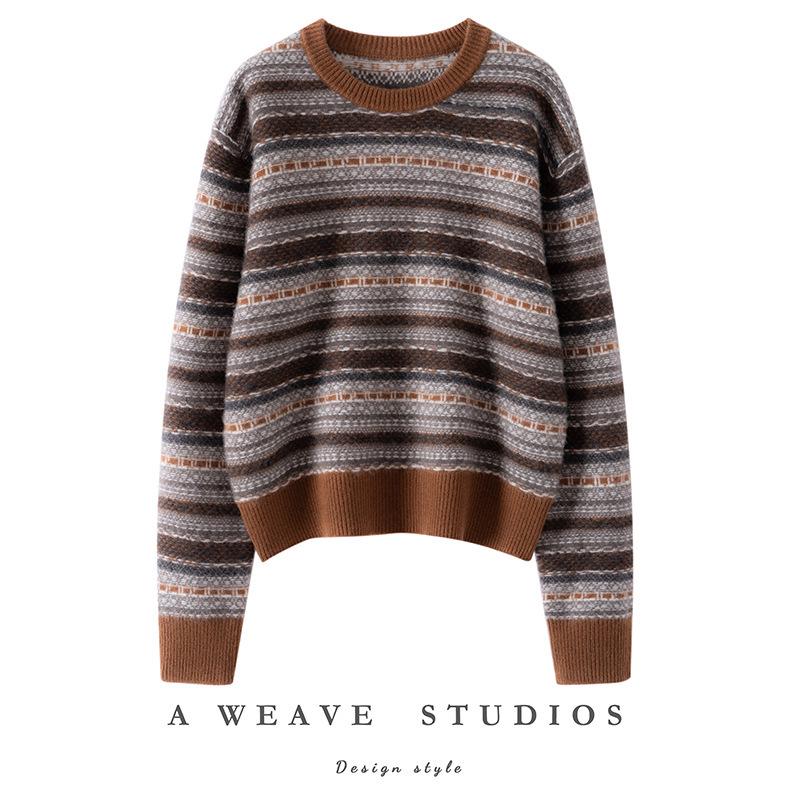 Retro kašmírový svetr Fair Isle pro ženy, Zesílený, Kulatý výstřih, Volný úpletový top