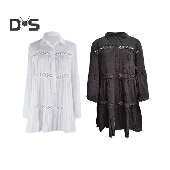 Beach Bikini Cover Up Shirt Lapel Flared Long Sleeve Single Breasted Swimsuit Coat Hollow Out Women Mid-length Shirt