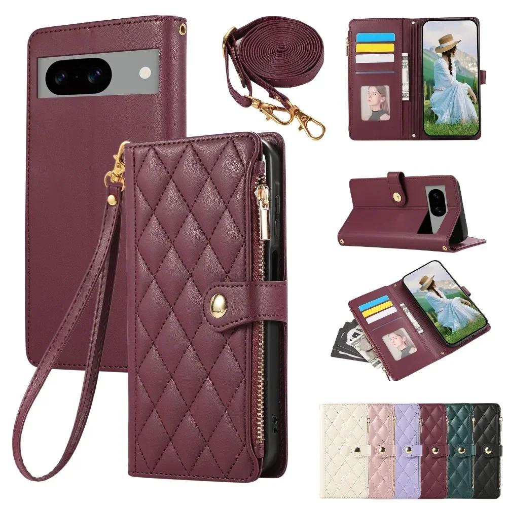 Crossbody Zipper Wallet with Card Holder Phone Case for Google Pixel 6 7 8 9 Pro 6A 7A 8A Wrist Strap Leather Preserve Cover