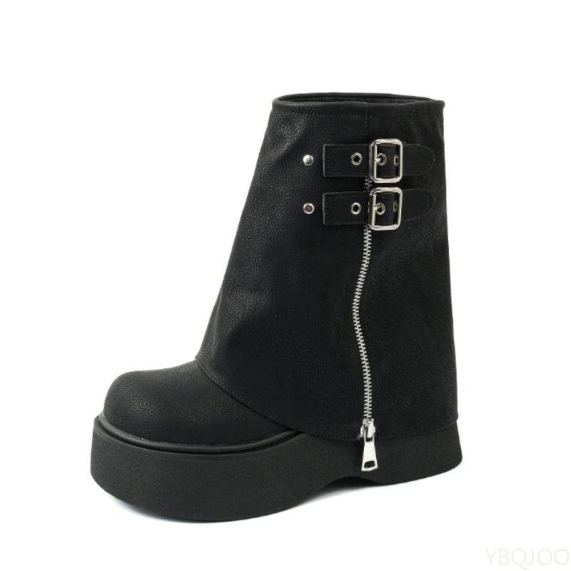 

Модная обувь на водонепроницаемой платформе, увеличивающая рост, ботинки на молнии, женские модные персонализированные ботинки на толстой подошве, осенне-зимние новые стили 38 чёрный