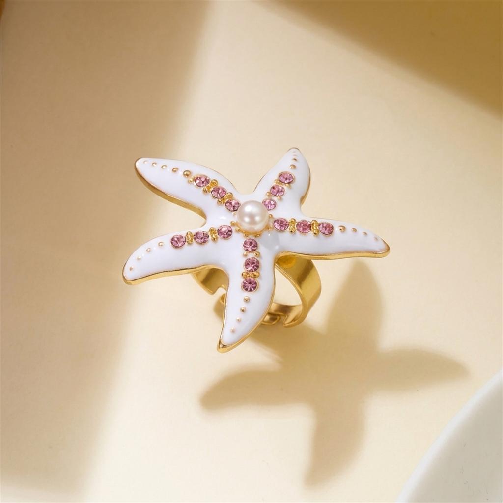 Bohemian Enamel Starfish Rings for Women Colorful Rhinestone Ocean Sea Star Pearl Finger Ring Summer Vacation Charm Jewelry Gift