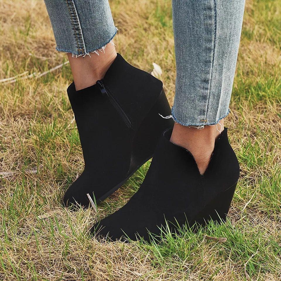 Leather autumn new women's short boots large size wedge heel high heel women's boots in stock