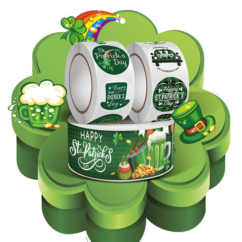 500Pcs/roll St Patricks Day Stickers,Shamrock Clover Label Party Decals Seals Cards Envelopes Rewards Scrapbooking Decorations