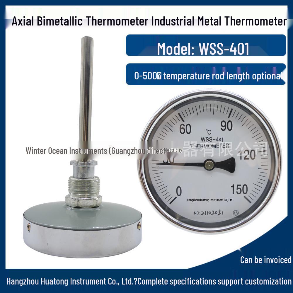 Axial Bimetallic Thermometer Gauge, Stainless Steel, for Industrial Boiler and Pipeline Temperature Measurement (WSS303/401/501).