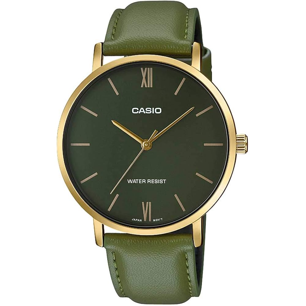 Casio MTP-VT01GL-3B Men s Minimalistic Gold Tone Green Leather Band 3-Hand Analog Watch Green Dial