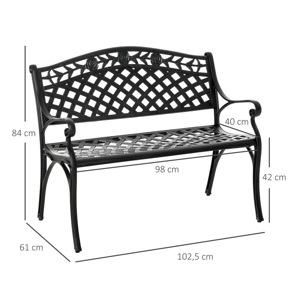 Panca a 2 Posti Panca da Giardino in Alluminio Panca in Metallo Panca con Braccioli Stile Casa di Campagna Nero 102,5 x 61 x 84 cm