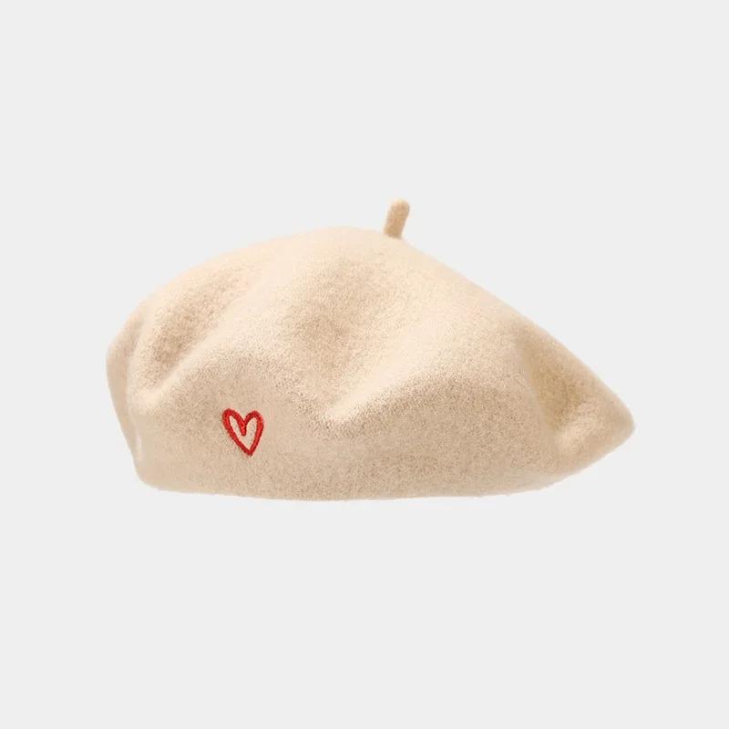 Love Embroidered Wool Beret Cap for Women England Vintage Painter Hat Thicke Warm Solid Berets Female Elegant Woolen Newsboy Cap Vintage Painter Cap