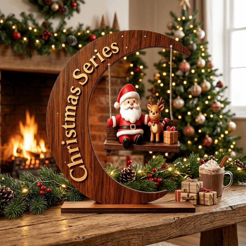 Wooden Christmas Ornaments Moon Shape Christmas Decoration Santa Claus Ornament  For Office