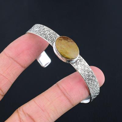 Anniversary Gift For Her Natural Landscape Jasper Bangle Adjustable 925 Silver