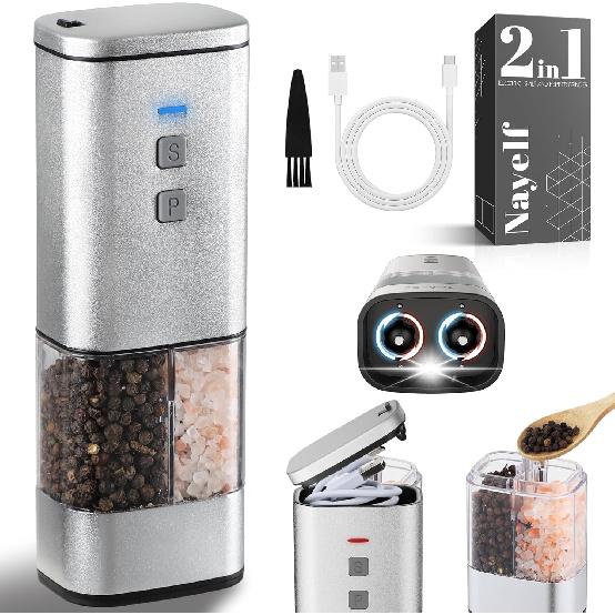 2in1 Portable Rechargeable Salt and Pepper Grinder Matte aluminum Finish with LED Light 5OZ, Adjustable Ceramic Coarseness, Top Storage Compartment,