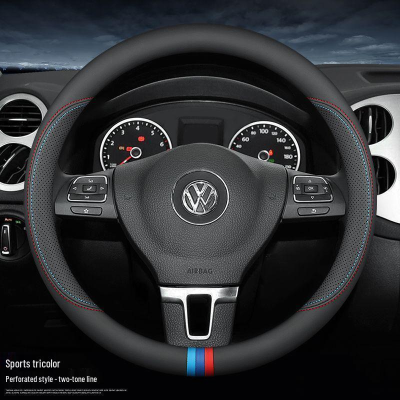 Volkswagen Steering Wheel Cover for Lavida, Bora, Sagitar, Magotan, Santana, Lamando, Tiguan L, Tayron - Four Seasons Genuine Leather.