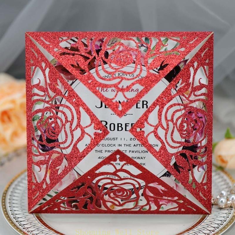 KX4B 20pcs/set Wedding Invitations Cards Glitter Rose Flower Greeting Card Invite Envelopes Bridal Shower Supplies