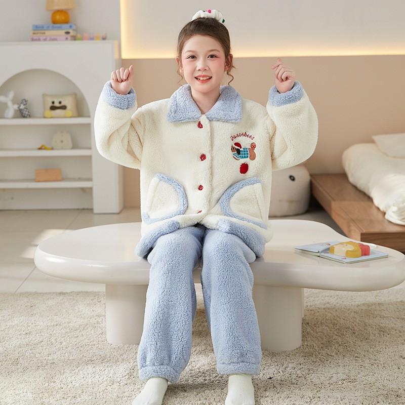 Girls Winter Warm Coral Fleece Hooded Pajama Set With Cat Print Thick Flannel Sleepwear Ages 8