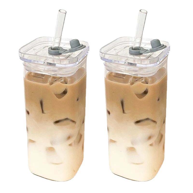2/6PCS Square Tumbler Glass Water Cups Reusable Glasses with Lids Straw for Cocktails Juice Iced Coffee Bubble Tea Drinkware 400ml