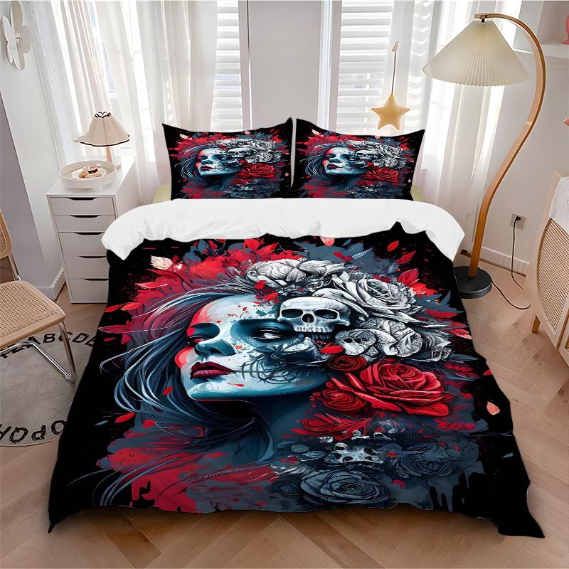 3pcs Day of the Dead Quilt Cover Set - Soft & Comfortable Polyester Fabric, All-Season Breathable Comforter Set For 1 Quilt Cover & 2 Pillowcases