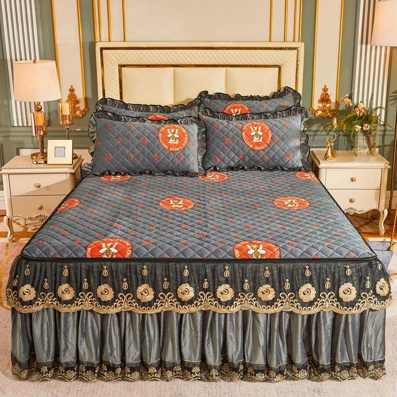 High Grade Winter Crystal Velvet Thicken Quilted Bedspread King Queen Size Flannel Quilting Bed Skirt Including Pillowcase