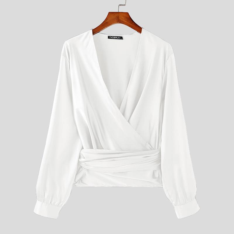 INCERUN Herren Deep V-Ausschnitt Vorne gekreuzt Einfarbig Bandage 70er Jahre Retro Tops Partyhemden