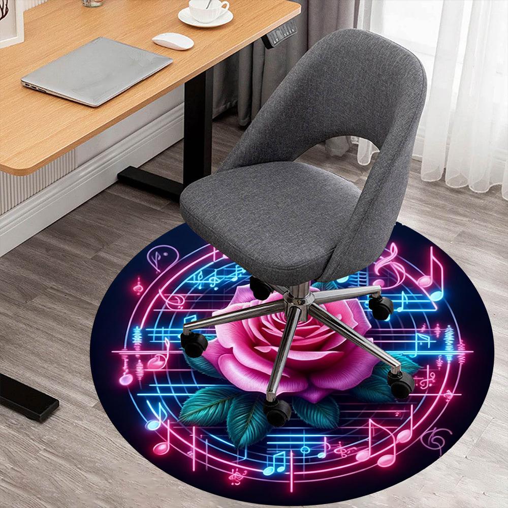 1pc Rose Music Round Chair mat office Area Rug - Non-Slip, Floor Mat for Office, Bedroom, Ideal home decor gift p0105068