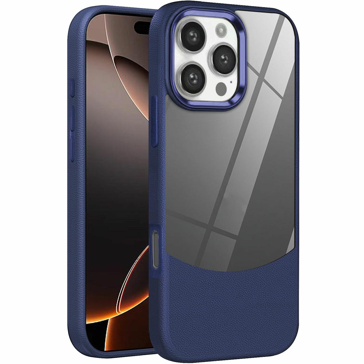 

For iPhone 16 Pro Max Case Litchi Texture TPU+Clear Acrylic Protective Phone Cover Blue