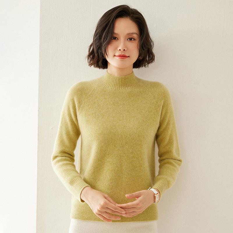 Women's Cashmere Raglan Sleeve Slim Fit Sweater - Half High Neck, Thickened, Solid Color, Versatile Knitted Top.