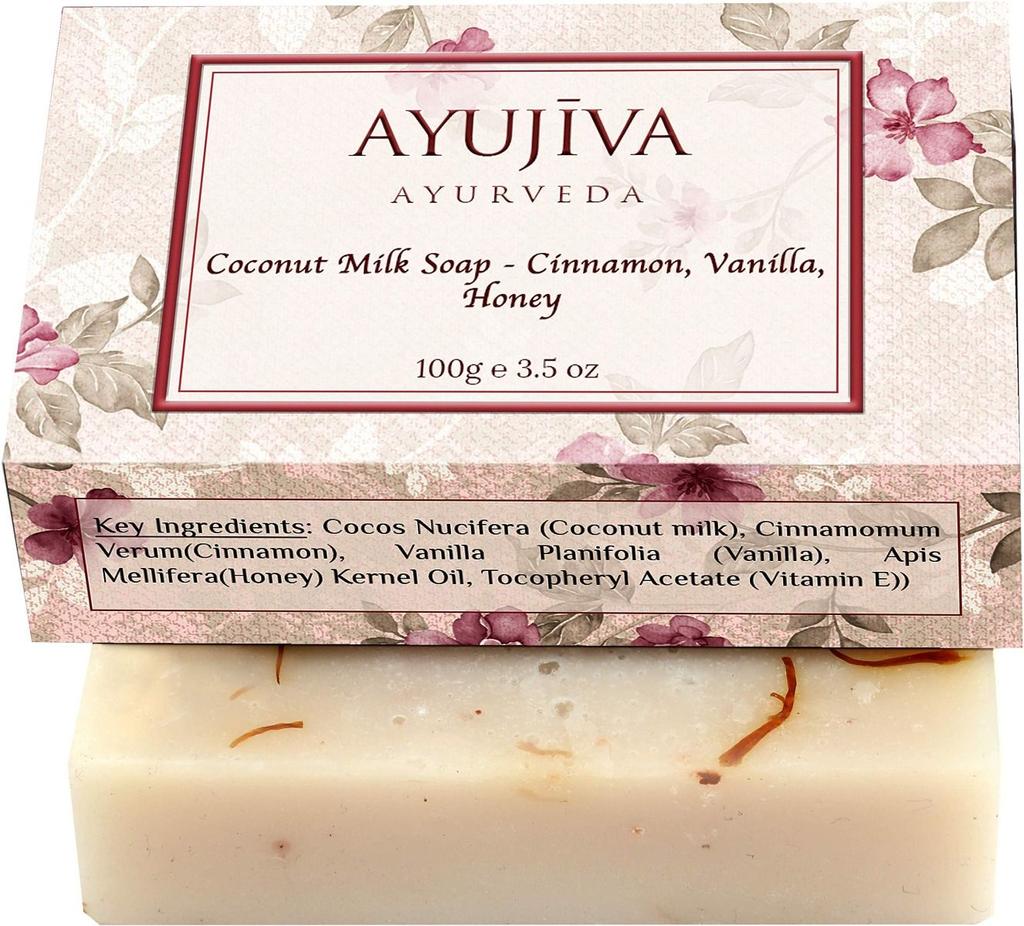 Soap with Coconut Milk, Cinnamon, Vanilla and Honey (100 G), Luxury Classic Coconut Milk Soap with Cinnamon, Vanilla, Honey, Ayujiva Ayurveda