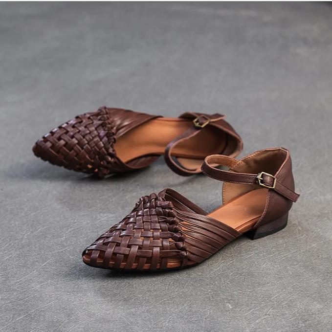 Johnature Retro kézzel szőtt valódi bőr lapos szandálok légáteresztő csattal közlekedő női cipők