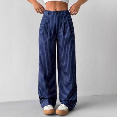 Blue Striped Casual Commuter Loose Wide Leg Casual Pants Trousers