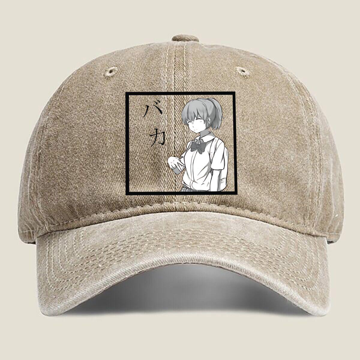 Anime Girl with “Baka” Text Washed Baseball Cap One Size хаки