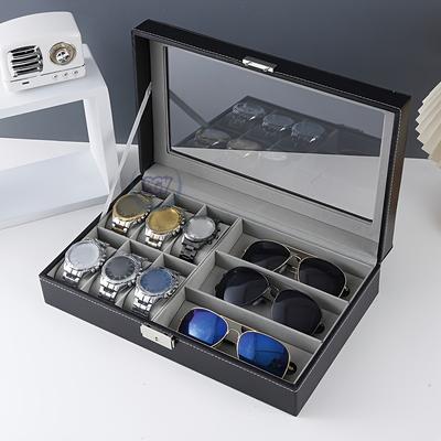 Elegant Faux Leather Watch and Glasses Organizer Box with Mirro Display Case Fashion Glasses Storage Box with Lock Buckle Travel