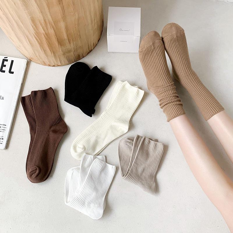 5pairs Cotton Women's Autumn and Winter Stacked Socks Sweat Absorbent Japanese Sports Mid-Calf Socks
