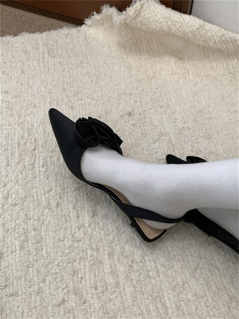 Pointed French Flower Black Baotou Sandals Fairy Shoes Evening Celebrity Single Shoes