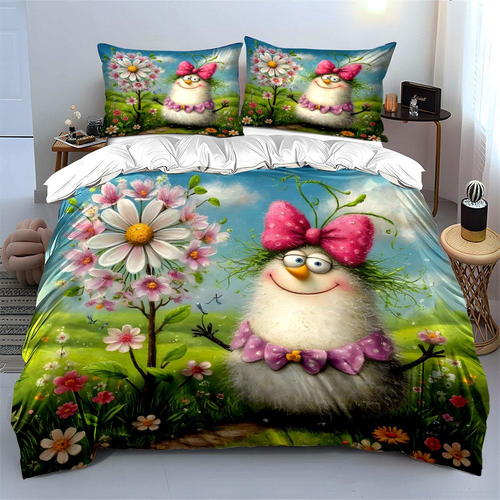 Cute Cartoon Creature With Pink Bow Printed Duvet Cover Set1 Duvet Cover+2 Pillowcasemulti Size Bedroom Bedding Decor